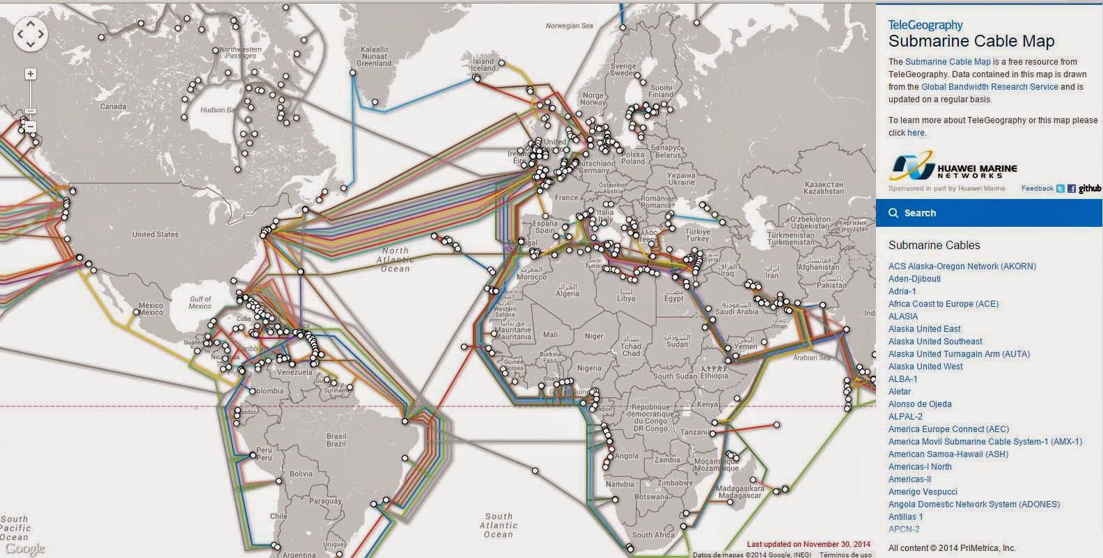 طريقة مشاهدة خريطة لأماكن كايبلات الانترنت في جميع انحاء العالم والحصول على معلومات عنها